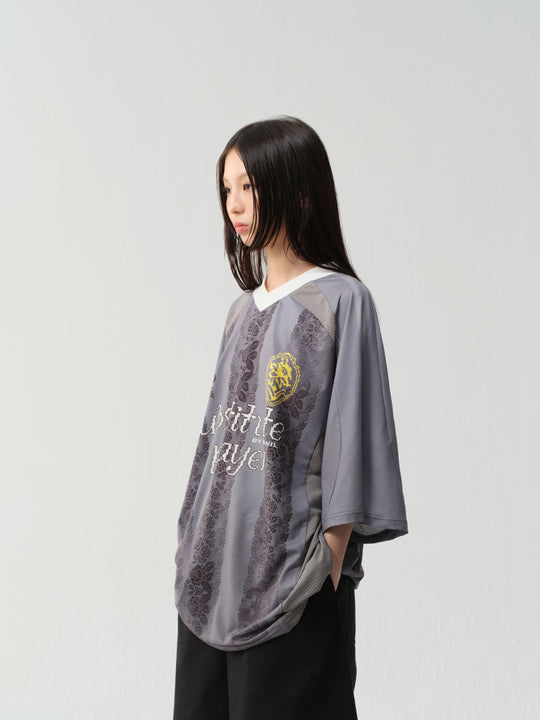 wii wil Oversize Light Gray Striped Lace Pattern Soccer Jersey | Face 3 Face