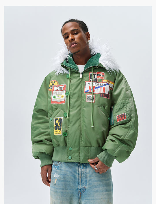 MEDM License Plate Patch Fur-Hooded MA-1 Bomber Jacket | Face 3 Face