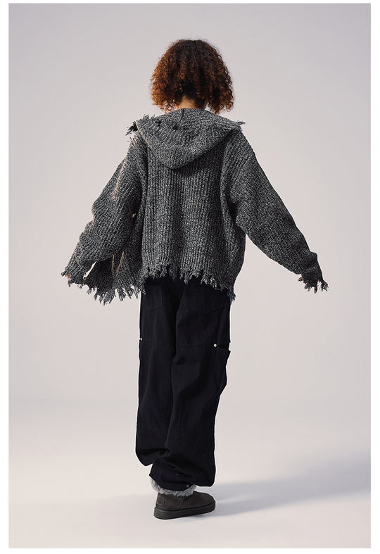 Remedy Distressed Hooded Zipper Knit Cardigan | Face 3 Face