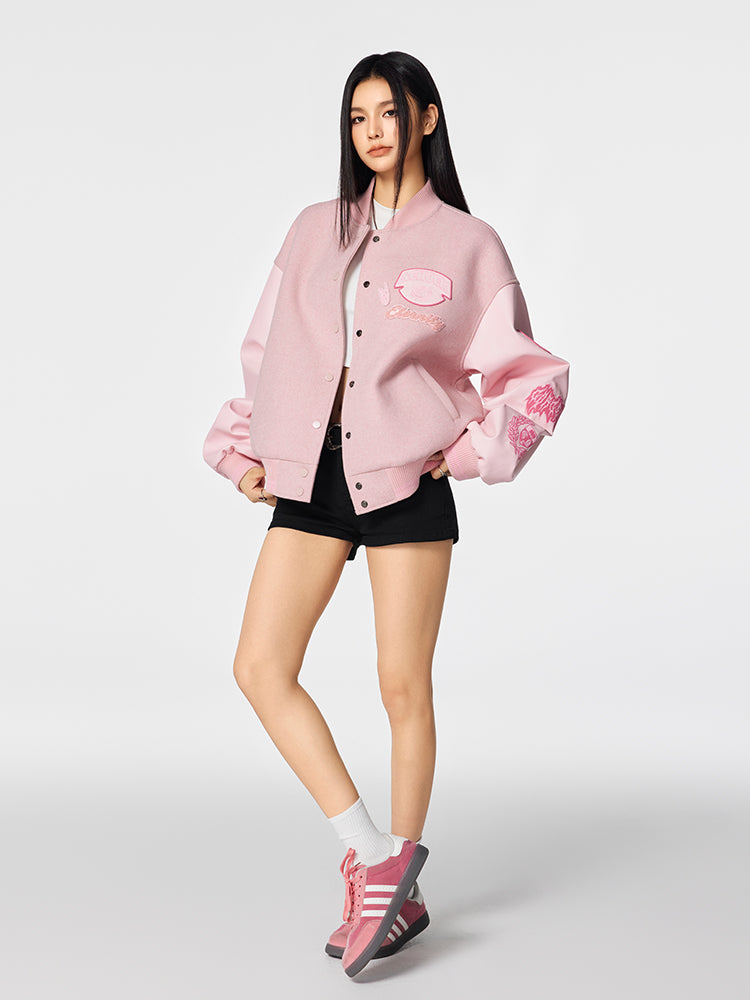 Achock Pink Multi Embroidery Varsity Jacket | Face 3 Face