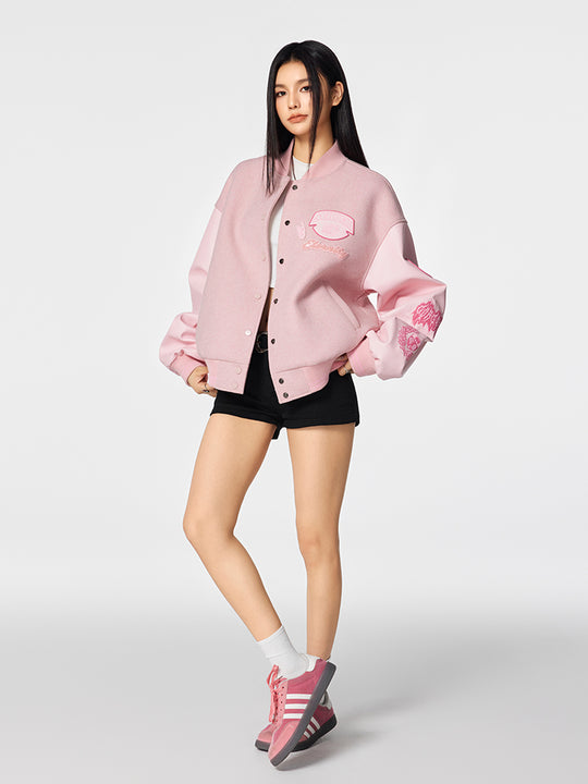 Achock Pink Multi Embroidery Varsity Jacket | Face 3 Face