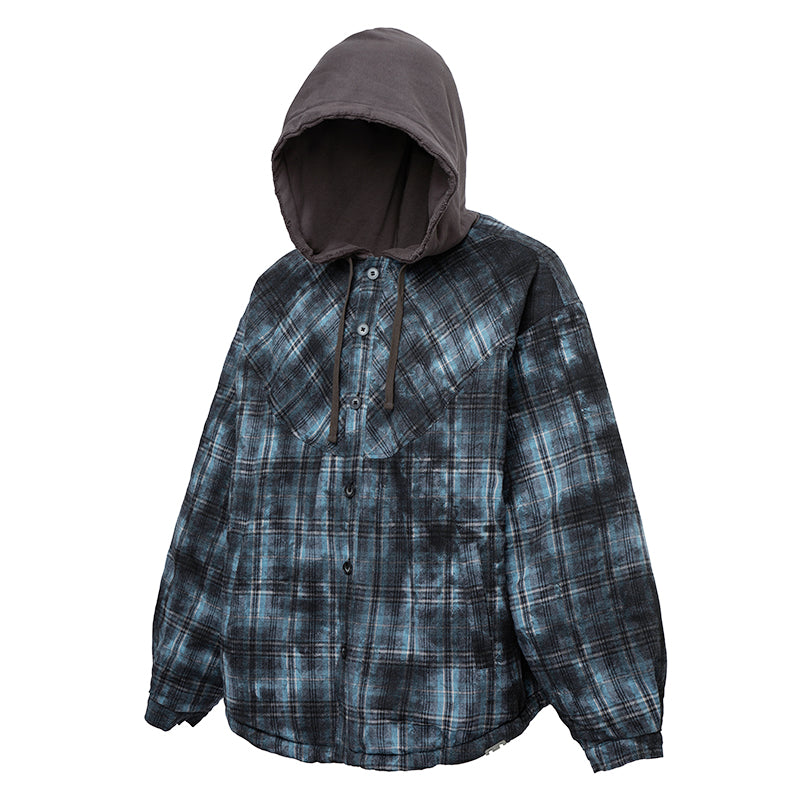 F2CE Hooded Overlay Old Plaid Quilting Shirt Jacket | Face 3 Face