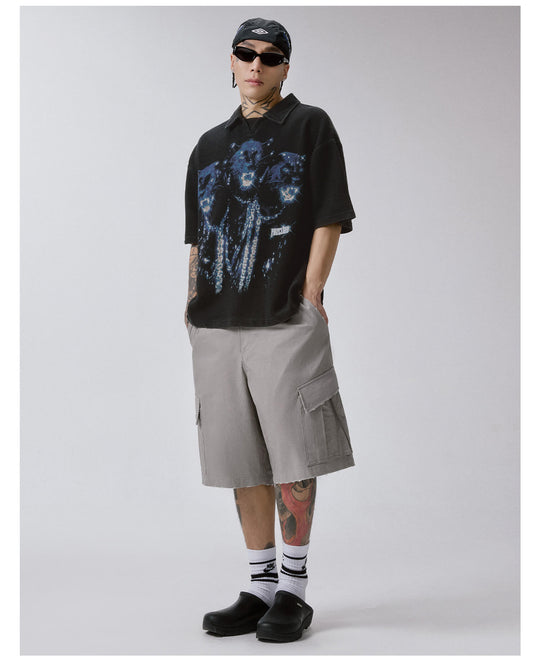 F2CE Washed Distressed Waffle Vintage Print Short Sleeve Polo Shirt | Face 3 Face