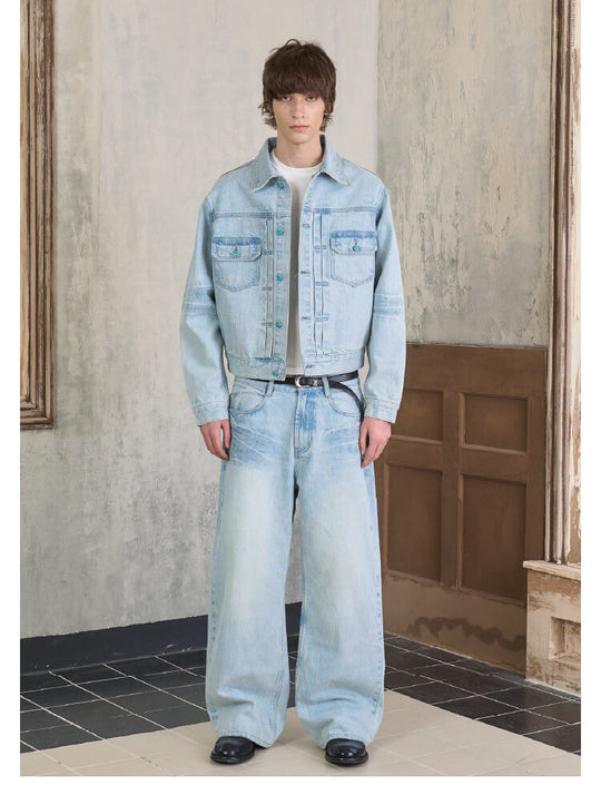 S45 Light Blue Heavy Washed Turquoise Button Denim Jacket | Face 3 Face