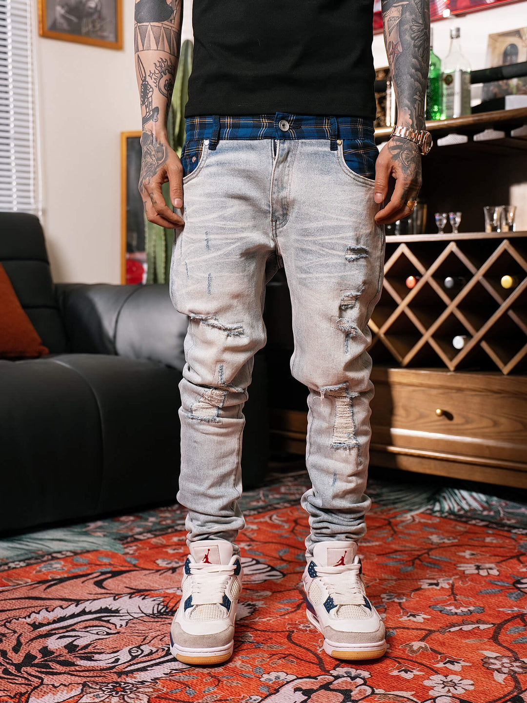 TGFCLUB Plaid Patchwork Waistband Skinny Jeans | Face 3 Face