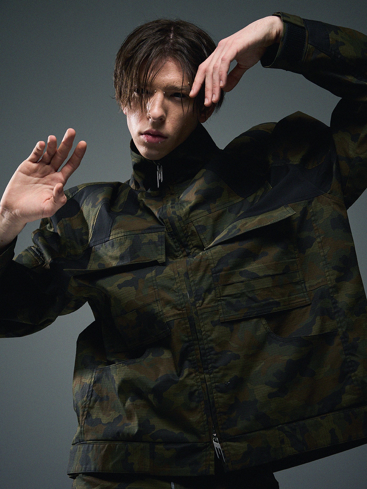 BLIND NO PLAN Colorblocking Textured Check Camouflage Work Jacket | Face 3 Face