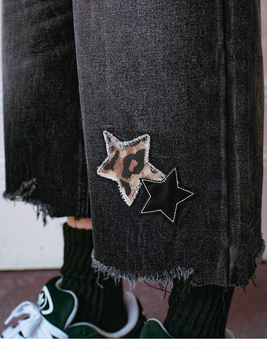 MEDM Leopard Print Star Patch Cutoff Denim Shorts | Face 3 Face