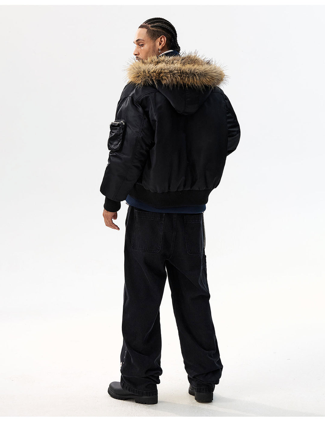 MEDM Silicone Logo Patch Fur Hooded Bomber Jacket | Face 3 Face