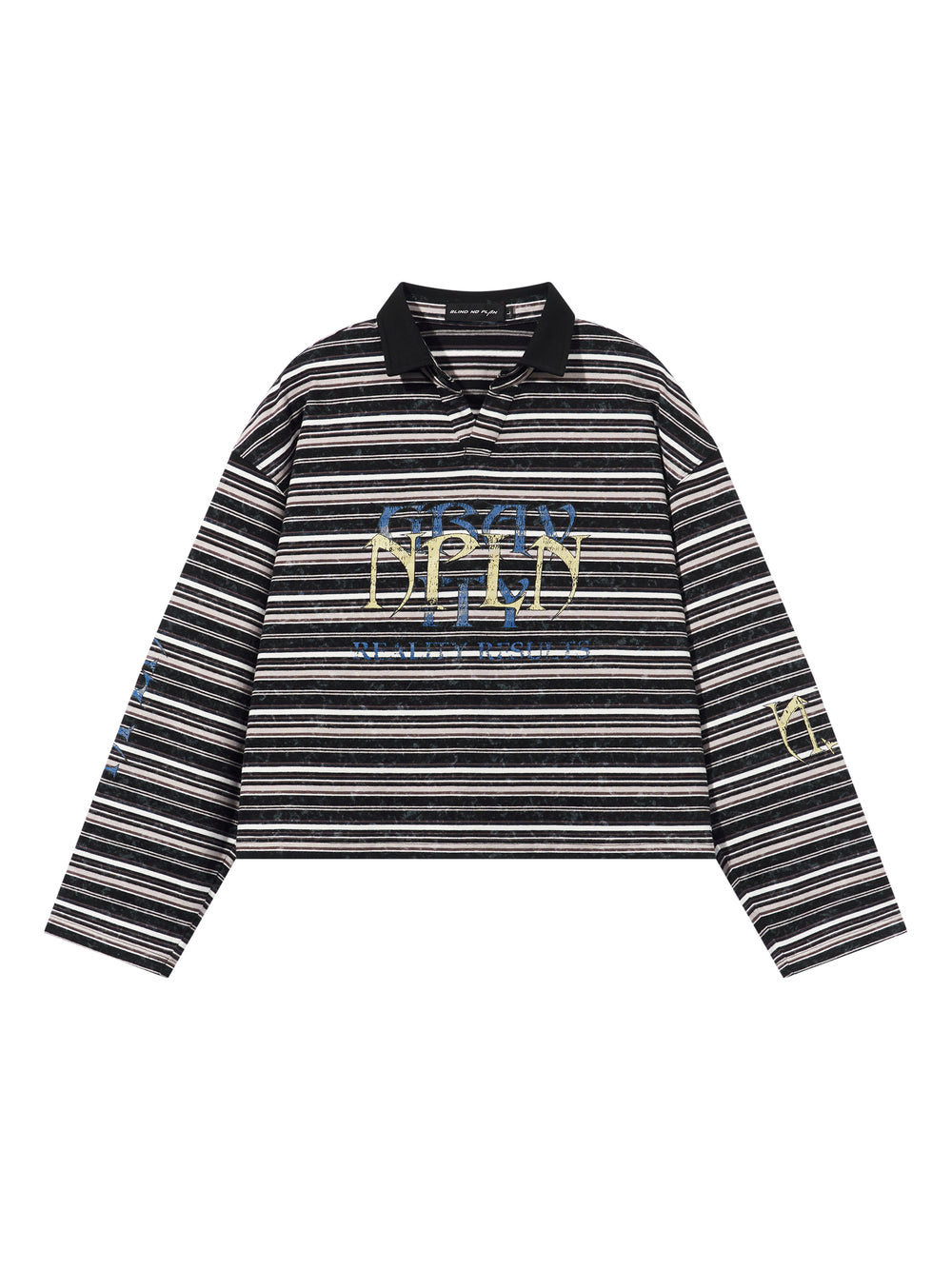 BLIND NO PLAN Washed Distressed Stripe Crackle Print Long Sleeve Polo | Face 3 Face