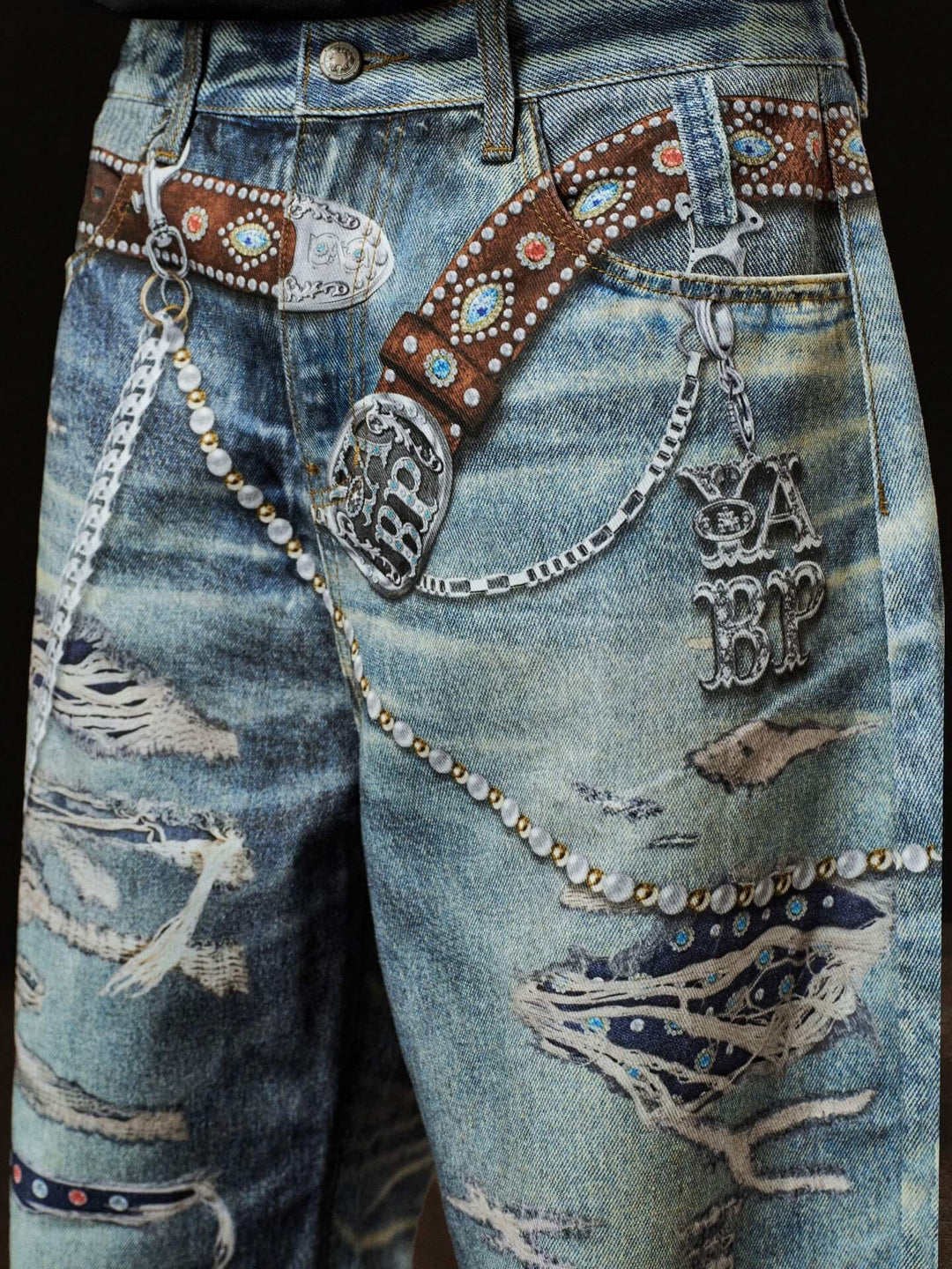 YADcrew x BIPOLAR 3D Belt Chain Digital Print Machete Jeans | Face 3 Face