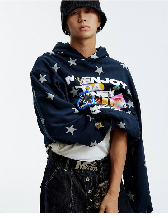 MEDM All Over Star and Graphic Logo Print Hoodie | Face 3 Face