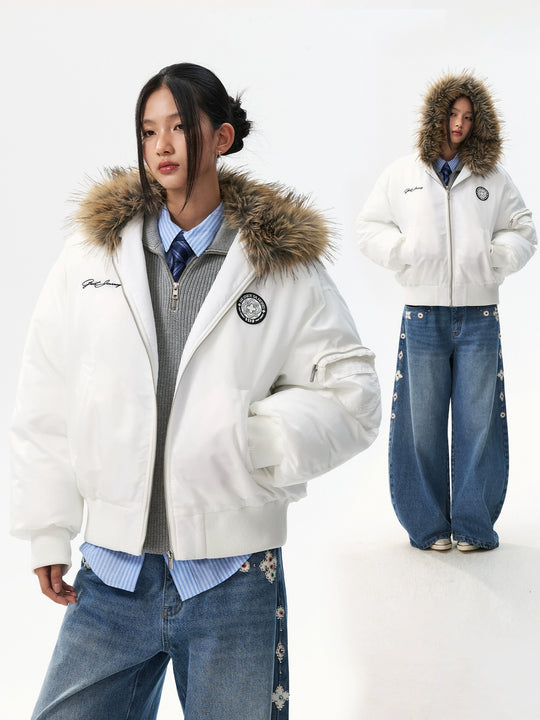 MEDM Silicone Logo Patch Fur Hooded Bomber Jacket | Face 3 Face