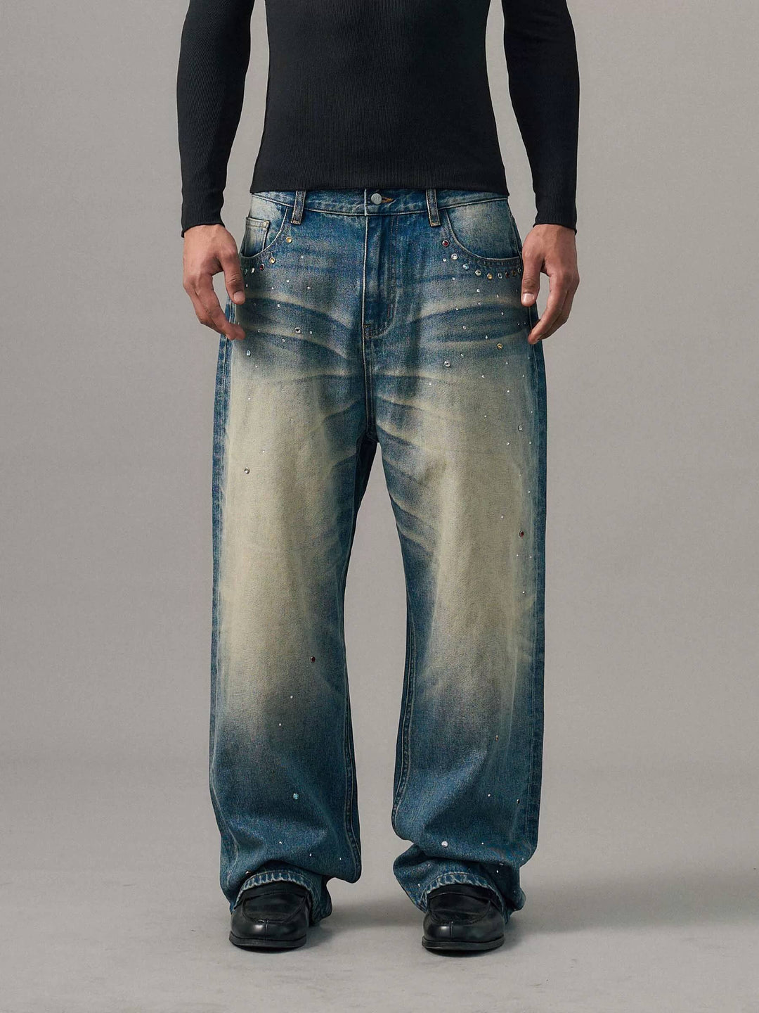 S45 Gemstone and Rhinestone Studded Washed Jeans | Face 3 Face