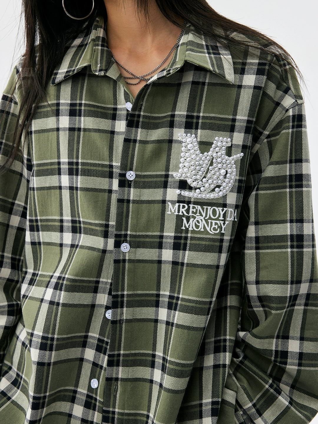 MEDM Green Pearl Embroidery Plaid Long Sleeve Shirt | Face 3 Face