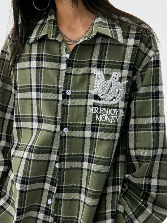 MEDM Green Pearl Embroidery Plaid Long Sleeve Shirt | Face 3 Face