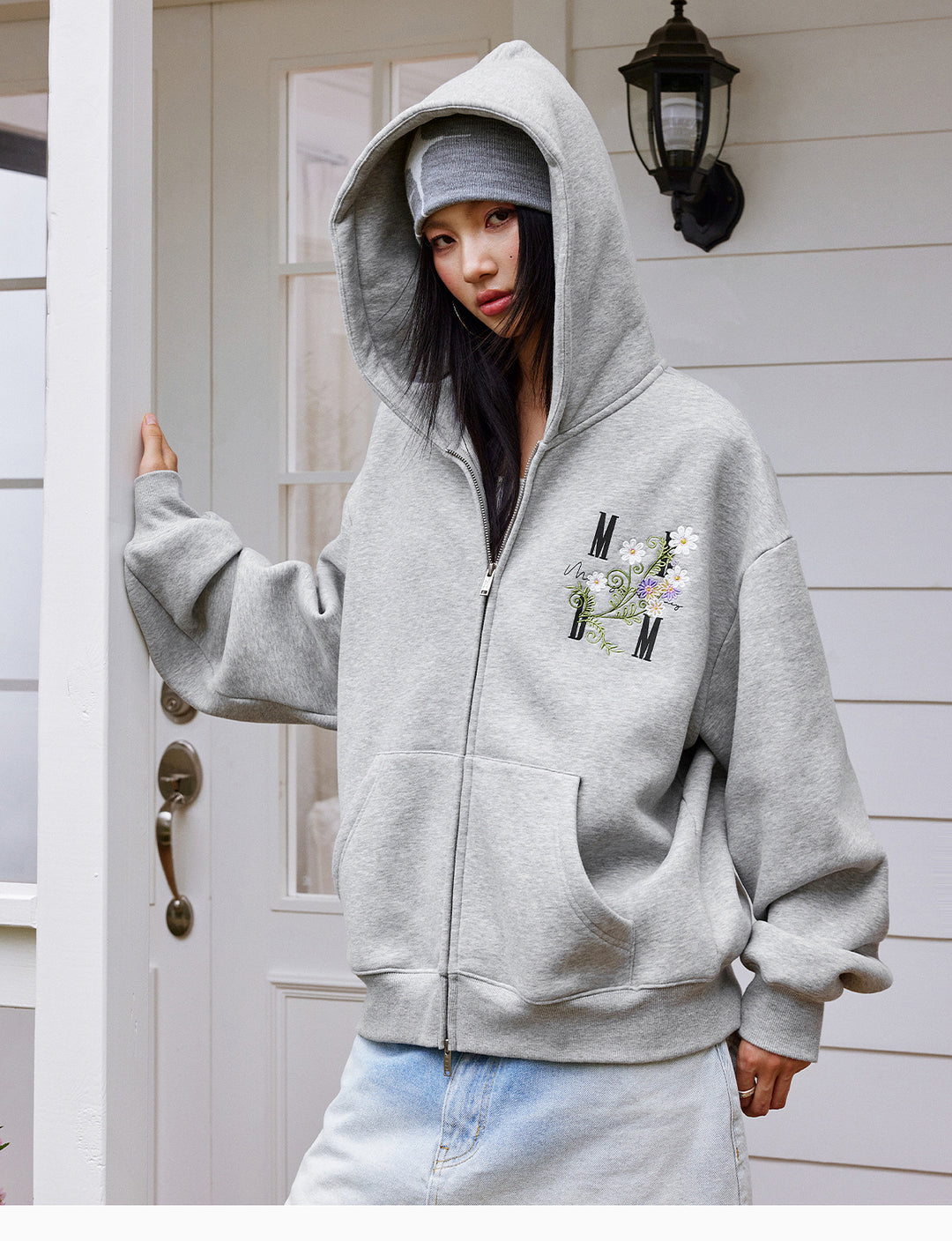 MEDM Floral Logo Embroidered Zip Up Hoodie | Face 3 Face