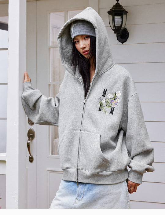 MEDM Floral Logo Embroidered Zip Up Hoodie | Face 3 Face