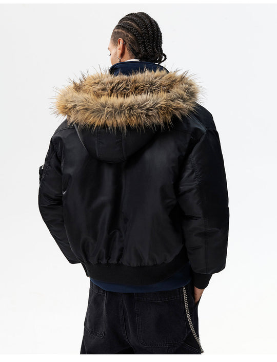 MEDM Silicone Logo Patch Fur Hooded Bomber Jacket | Face 3 Face