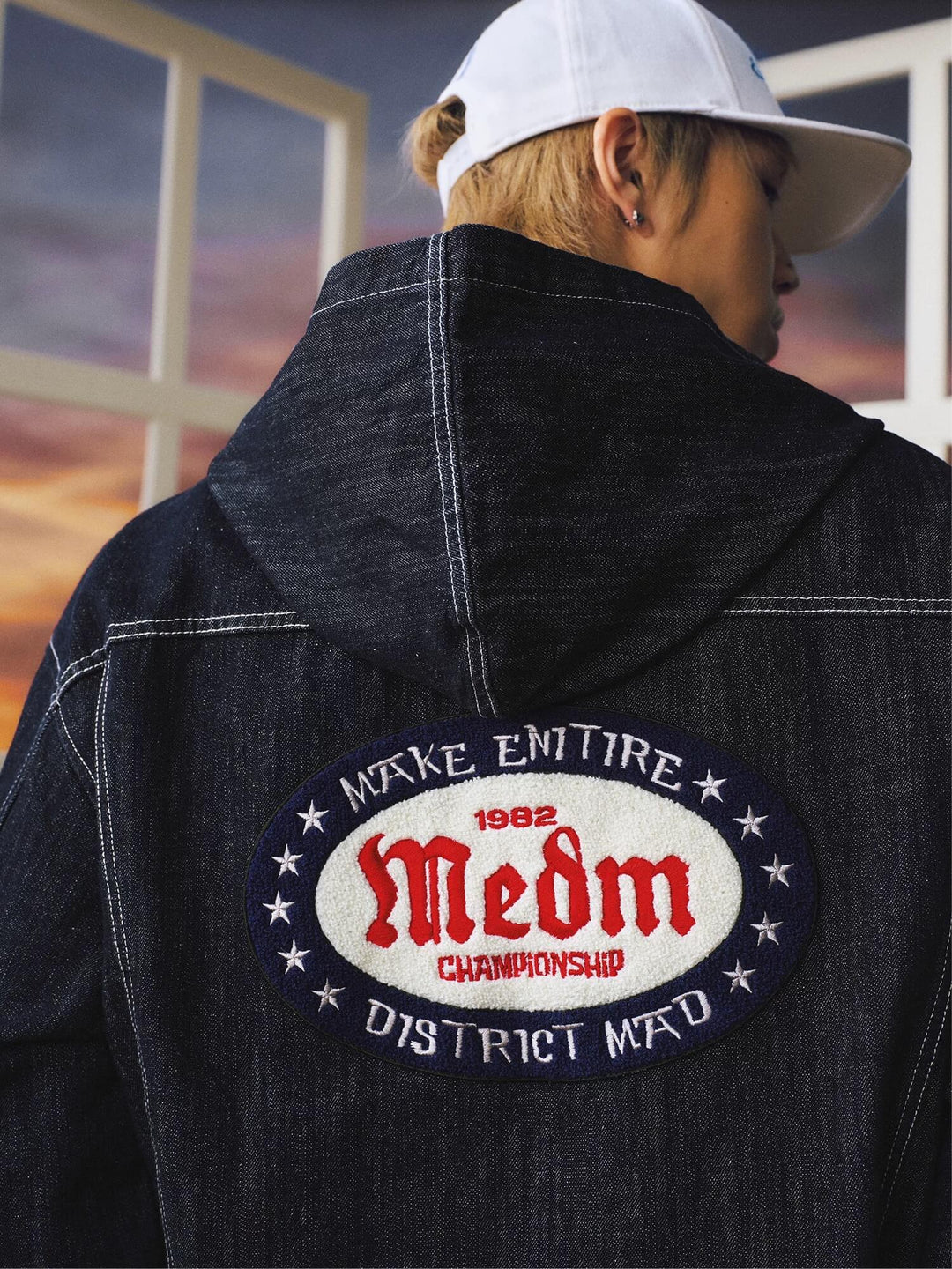 MEDM Embroidered Patch Hooded Zip Up Denim Jacket | Face 3 Face