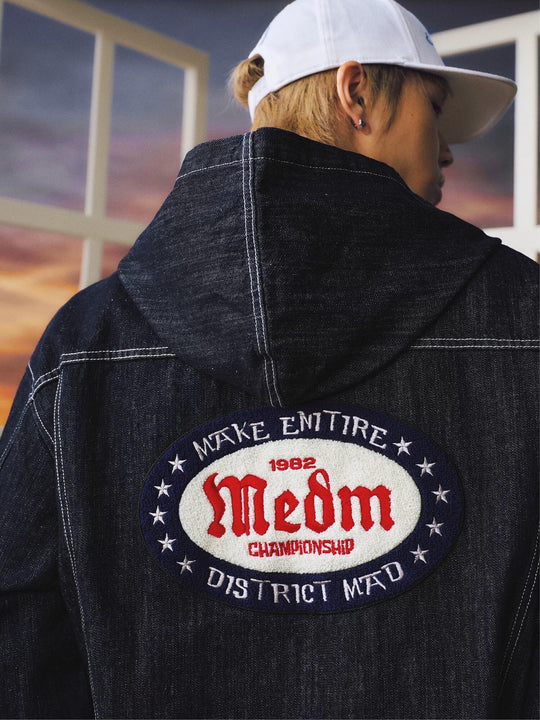 MEDM Embroidered Patch Hooded Zip Up Denim Jacket | Face 3 Face