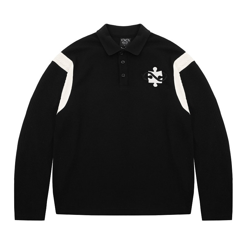YADcrew x BIPOLAR Patchwork Embroidery Long Sleeve Polo Shirt