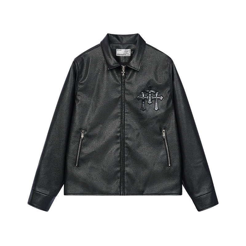 Harsh and Cruel Metal Cross Logo Textured Leather Jacket | Face 3 Face