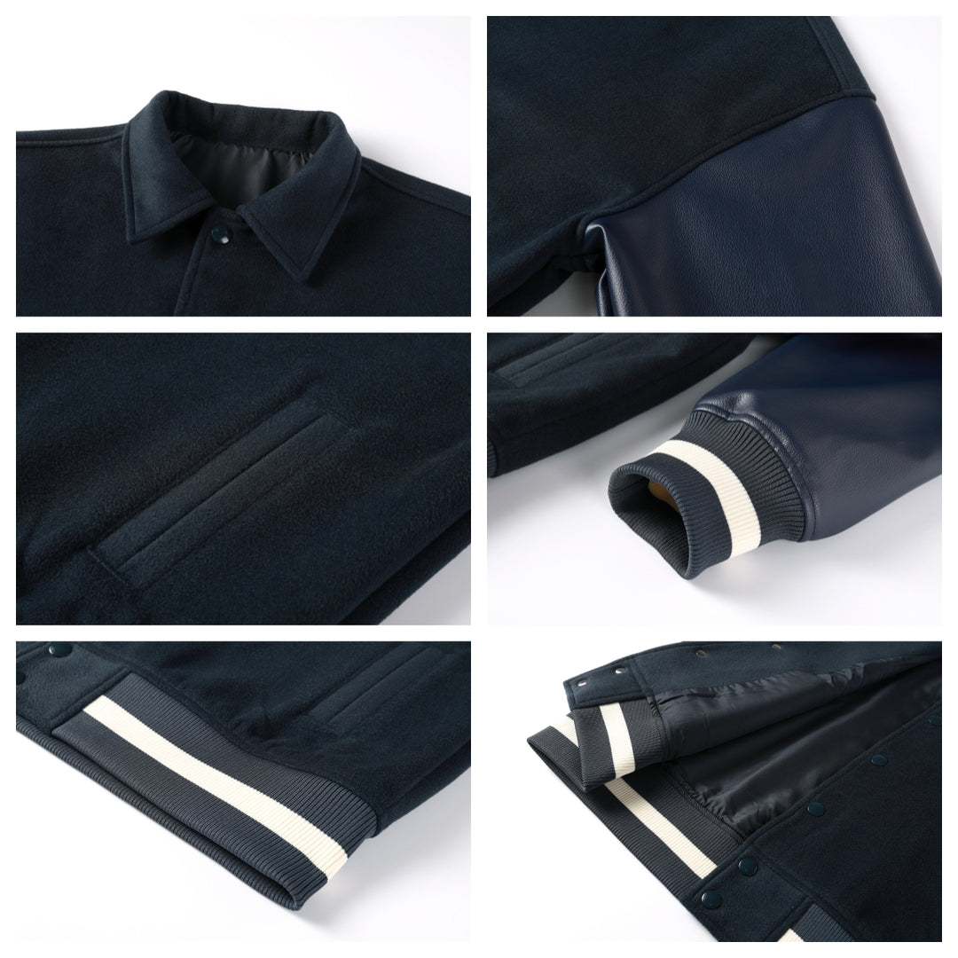 NOVACAM Navy Blue Short Basic Varsity Jacket | Face 3 Face