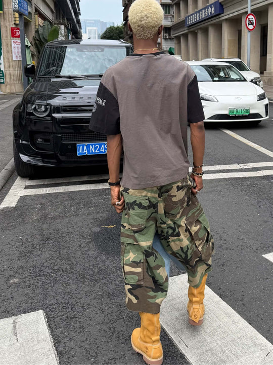 STEEPC M65 Camouflage Denim Rework Patchwork Baggy Cargo Shorts | Face 3 Face