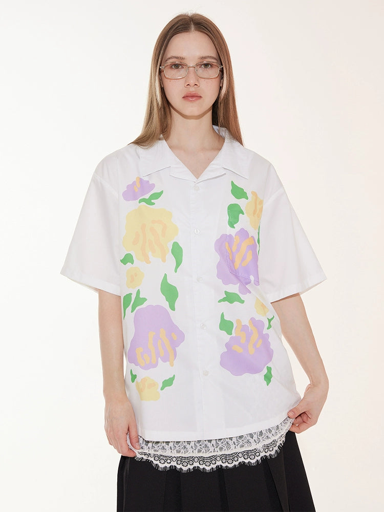 EMPTY REFERENCE Hand Painted Floral Print Short Sleeve Shirt | Face 3 Face