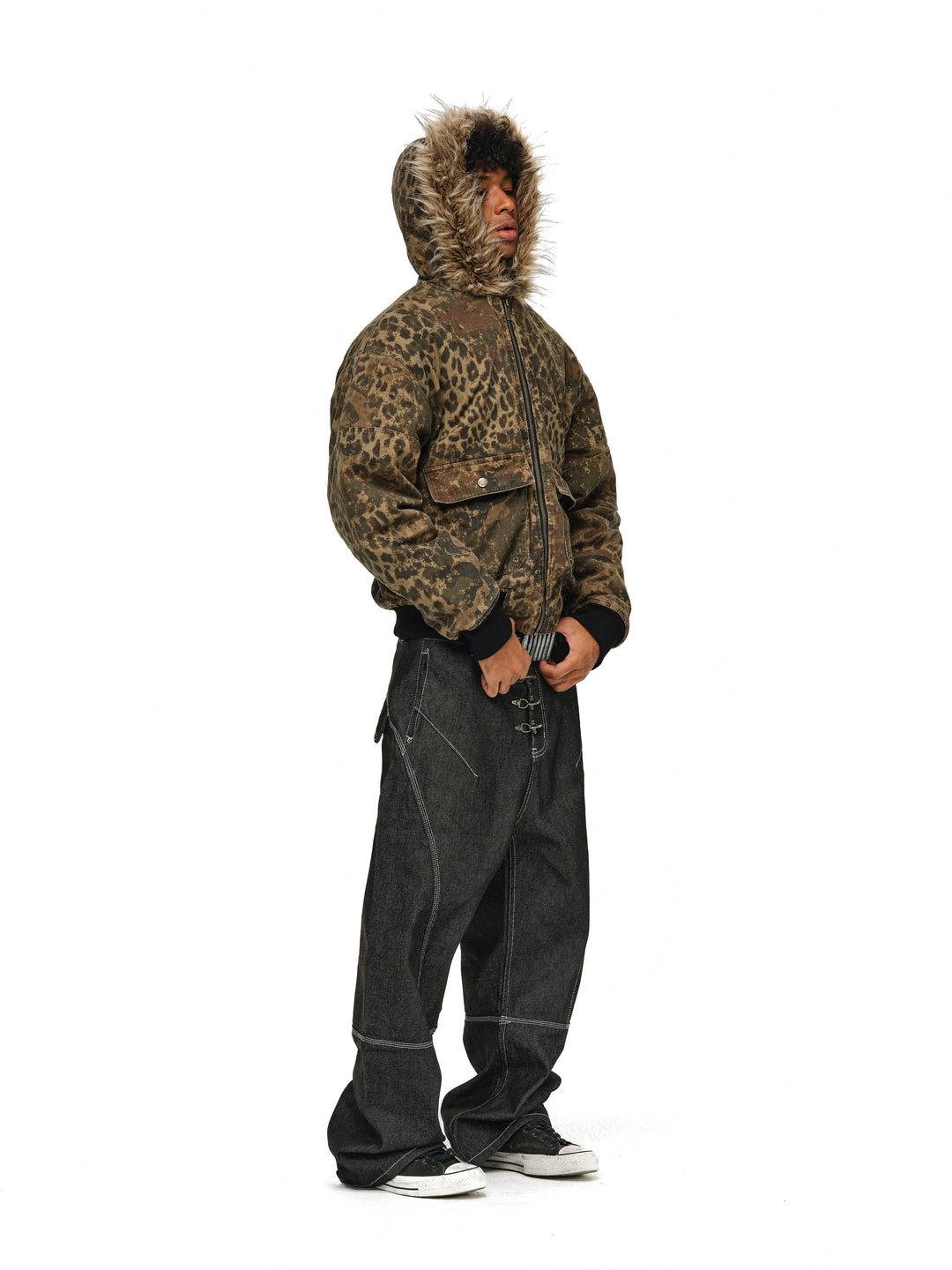 ANTIDOTE Washed Leopard Fur Hooded Work Jacket | Face 3 Face
