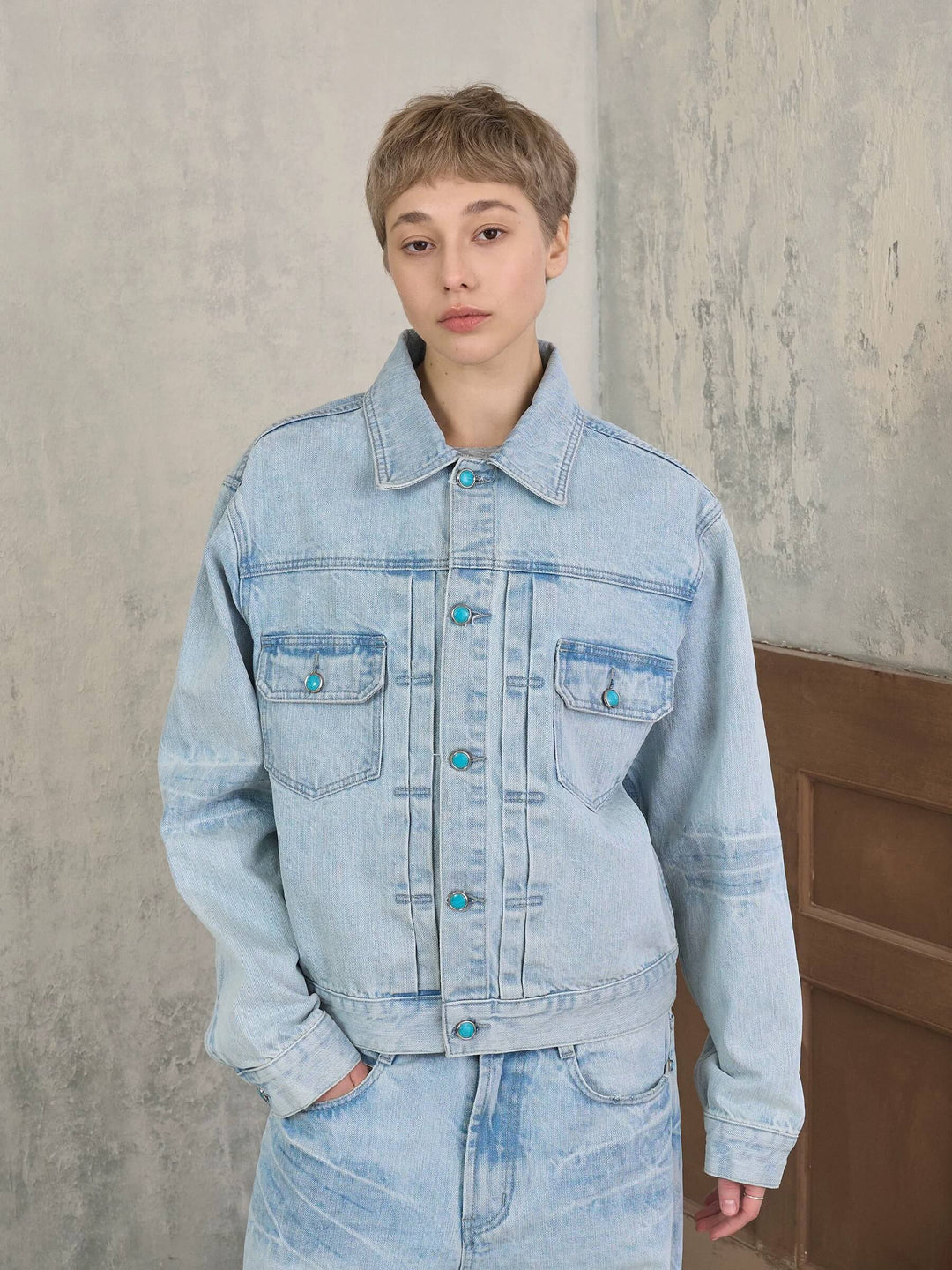 S45 Light Blue Heavy Washed Turquoise Button Denim Jacket | Face 3 Face