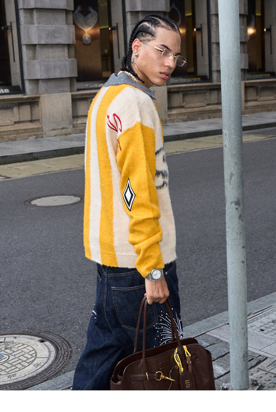 STEEPC Vertical Stripe Brushed Knit Polo Sweater | Face 3 Face