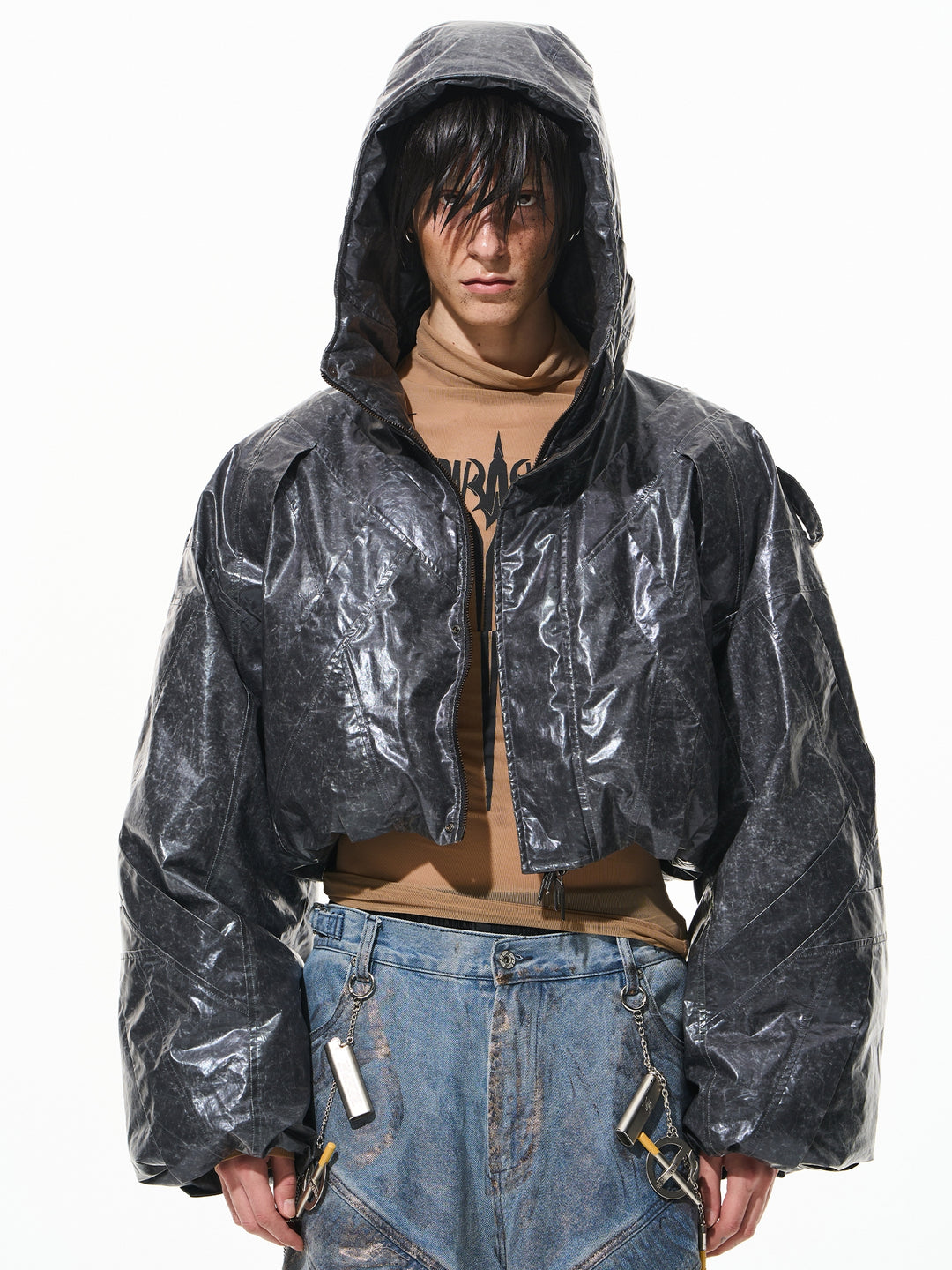 BLIND NO PLAN Wrinkled Hooded Short Bomber Jacket | Face 3 Face