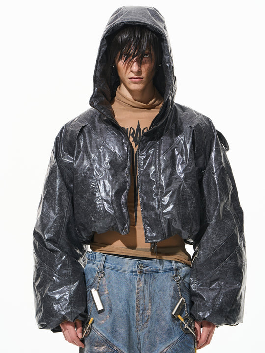 BLIND NO PLAN Wrinkled Hooded Short Bomber Jacket | Face 3 Face