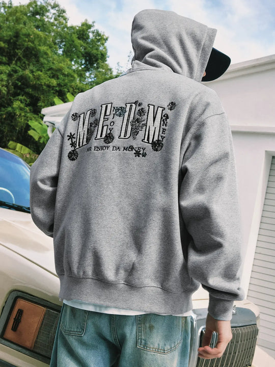 MEDM Beaded Flower Embellished Zip Up Hoodie | Face 3 Face