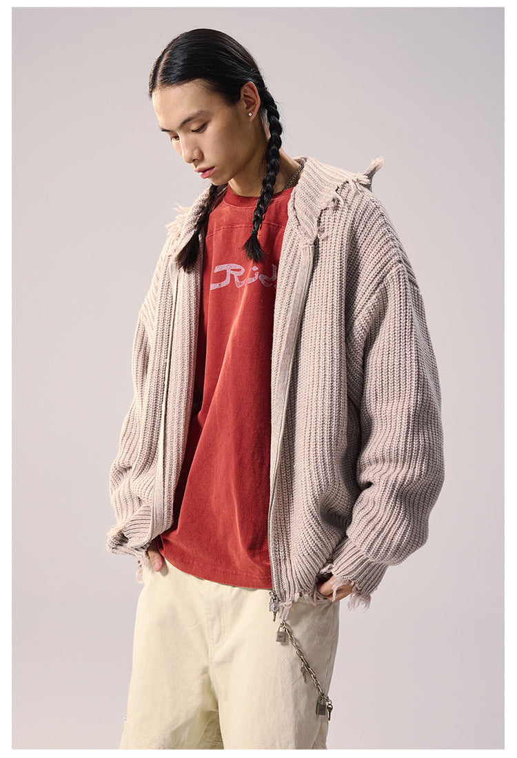 Remedy Distressed Hooded Zipper Knit Cardigan | Face 3 Face