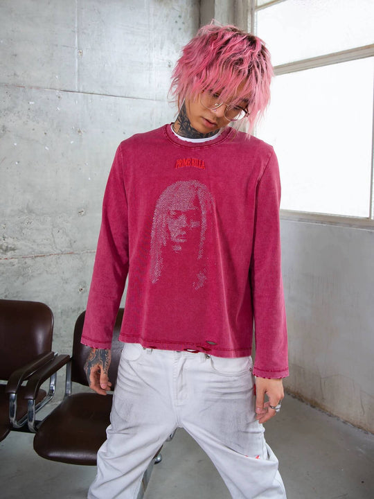 TGFCLUB Rhinestone Portrait Heavy Washed Distressed Long Sleeve Tee | Face 3 Face