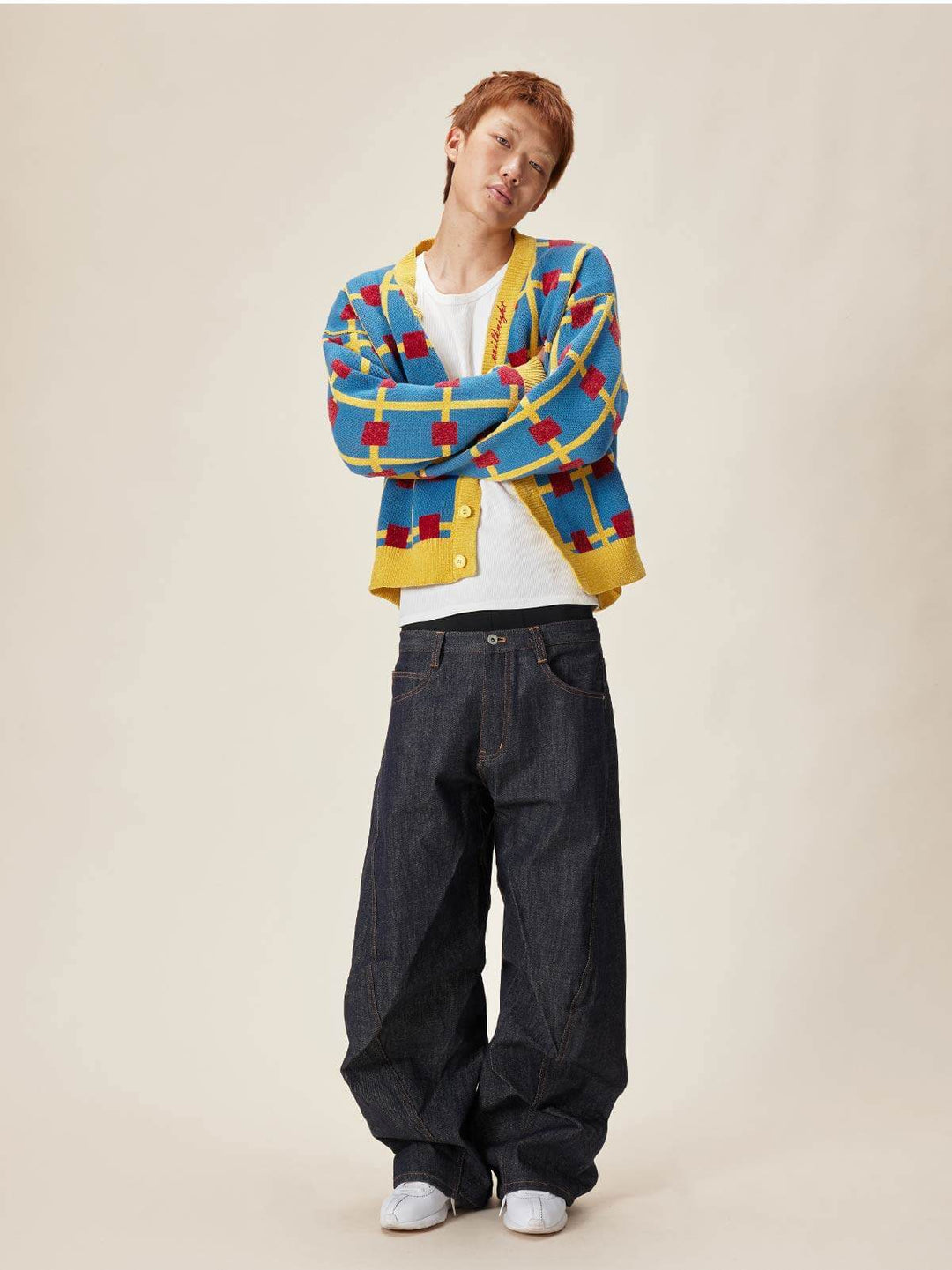 EVILKNIGHT(EK) Multicolor Checkerboard Knit Cardigan