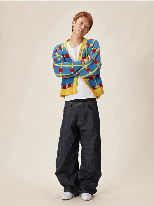 EVILKNIGHT(EK) Multicolor Checkerboard Knit Cardigan