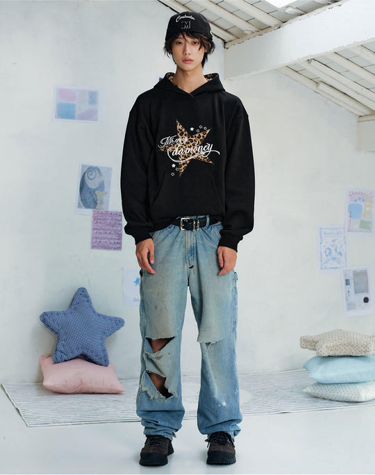 MEDM Leopard Hood Lining Star Patch Logo Hoodie
