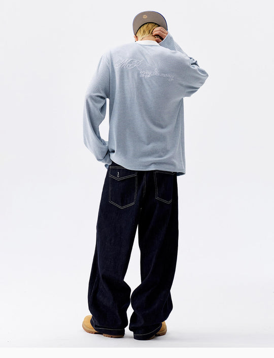 MEDM Rose Embroidered Striped Henley Long Sleeve Tee | Face 3 Face