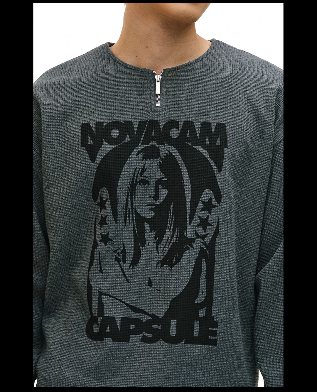 NOVACAM Waffle Vintage Print Zip Long Sleeve Tee | Face 3 Face