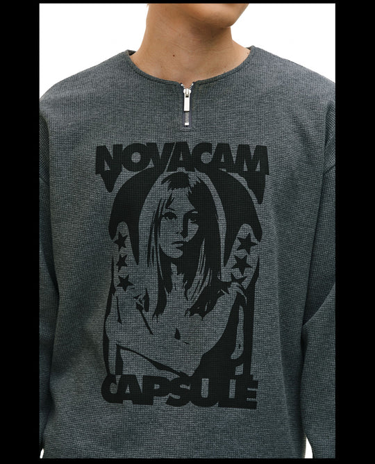 NOVACAM Waffle Vintage Print Zip Long Sleeve Tee | Face 3 Face