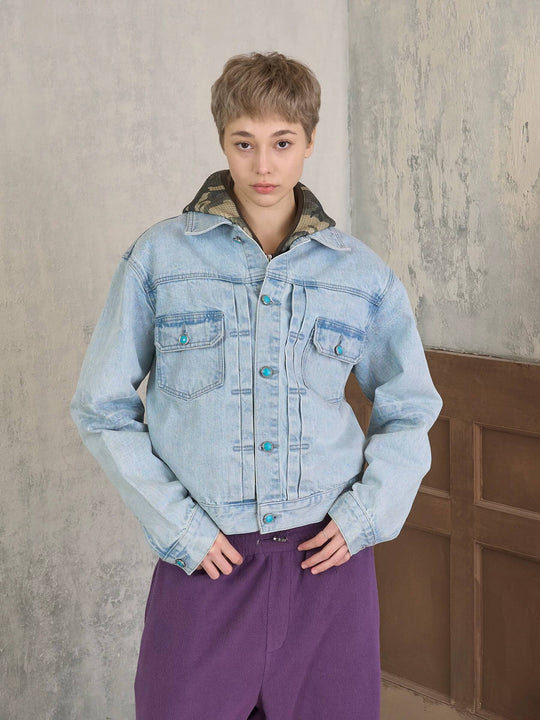 S45 Light Blue Heavy Washed Turquoise Button Denim Jacket | Face 3 Face