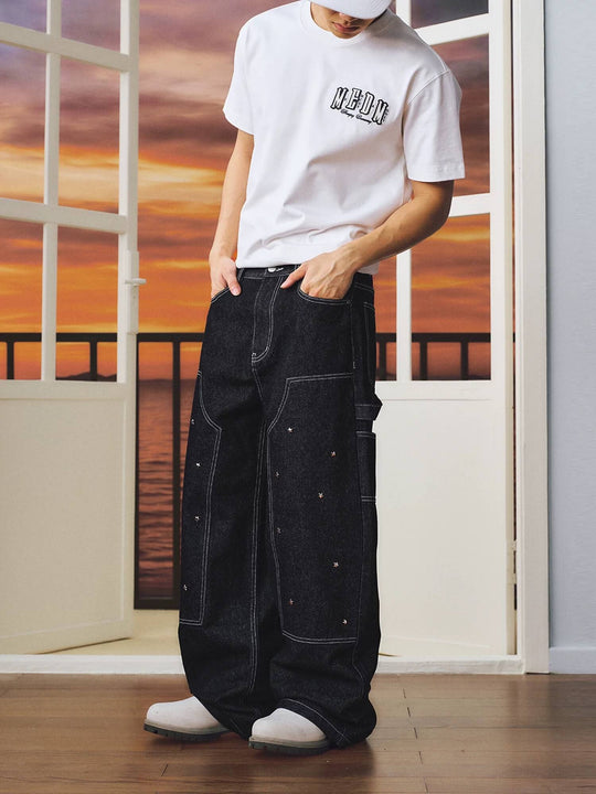 MEDM Star Studded Double Knee Baggy Jeans | Face 3 Face