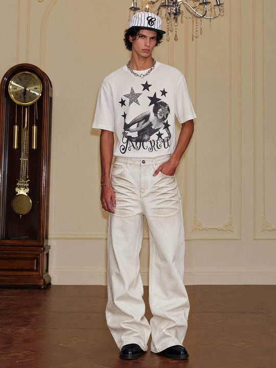 YADcrew White 3D Whisker Washed Jeans | Face 3 Face