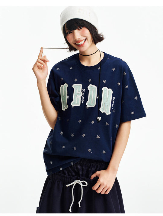MEDM All Over Glitter Star Print Logo Patch Short Sleeve Tee | Face 3 Face
