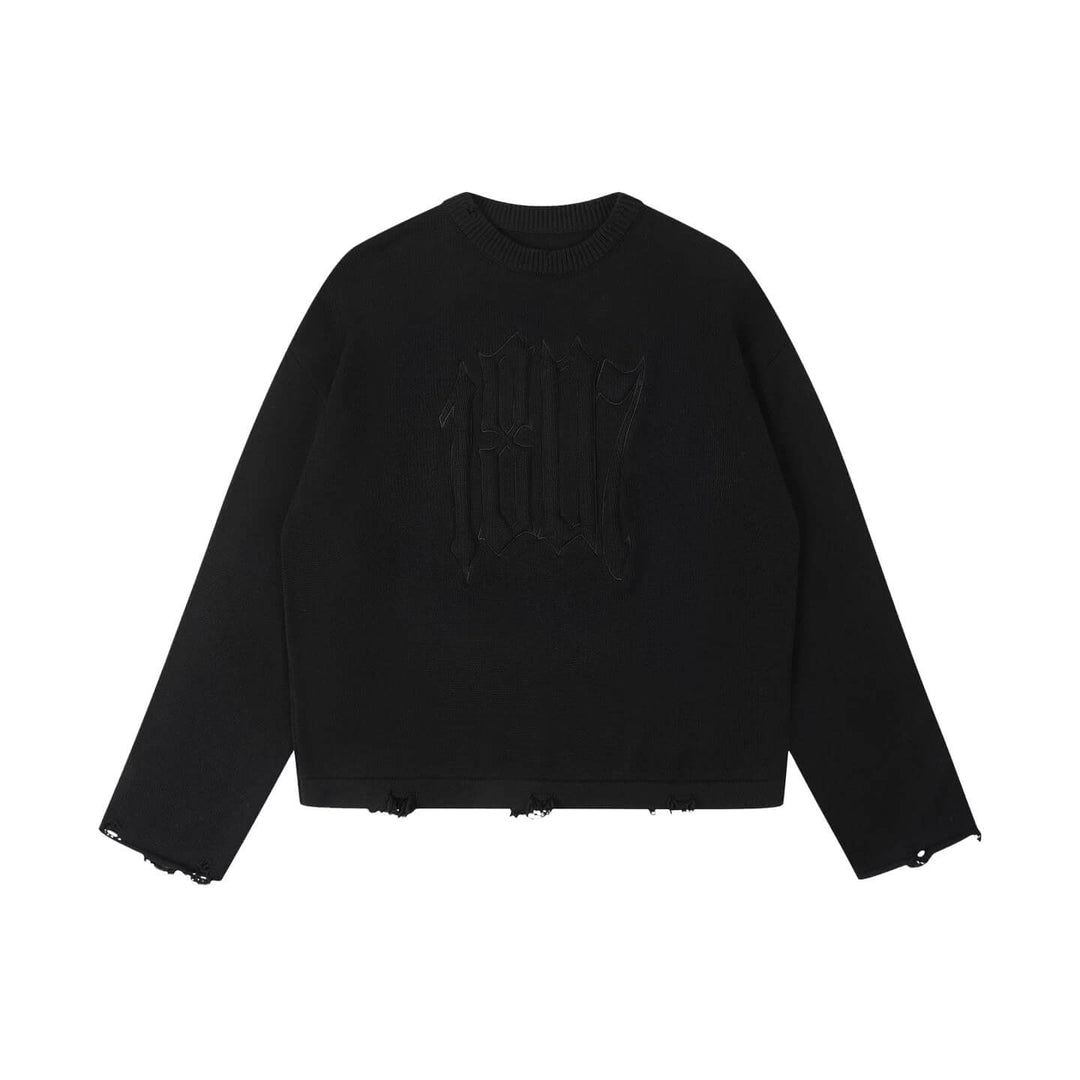 1807 3D Logo Embroidered Distressed Knit Sweater | Face 3 Face