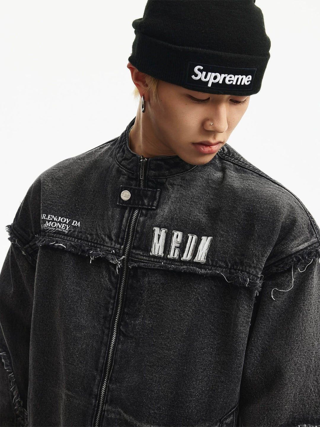 MEDM Washed Distressed Frayed Patchwork Denim Jacket | Face 3 Face