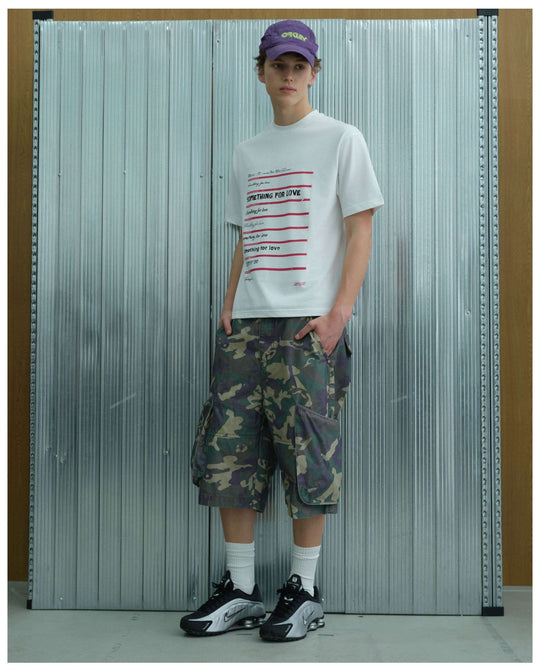 S45 Camouflage Distressed Large Cargo Pocket Baggy Shorts | Face 3 Face